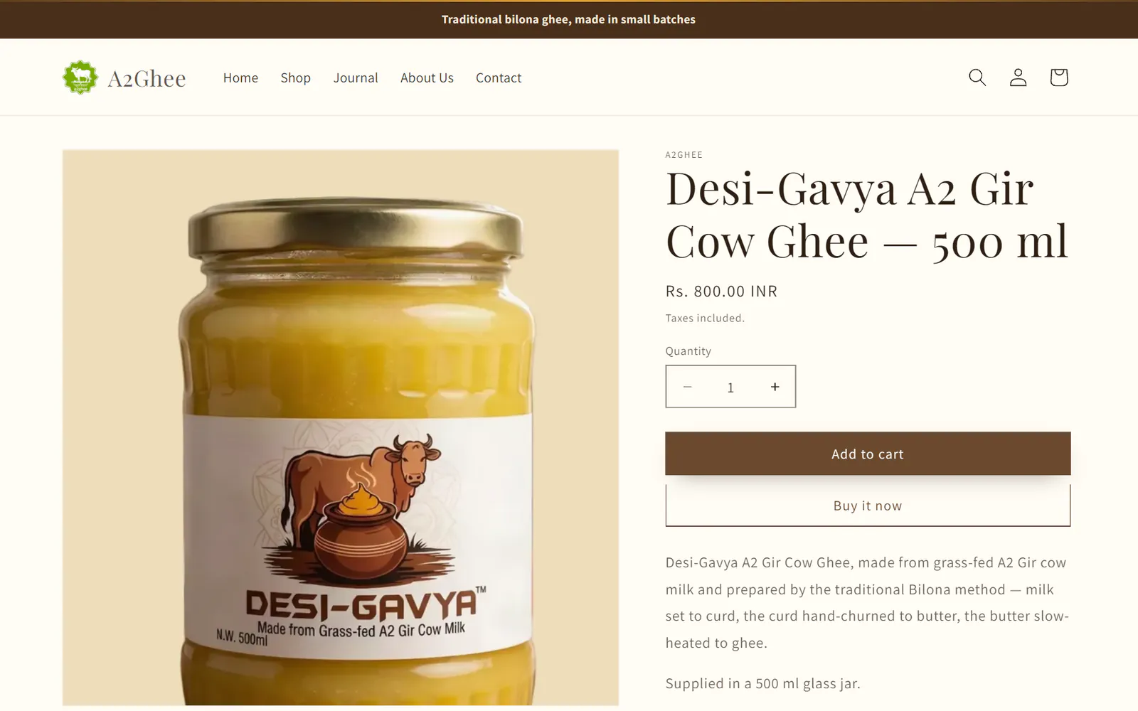 A2Ghee product page for the 500 ml ghee jar, with quantity, add-to-cart and buy-now