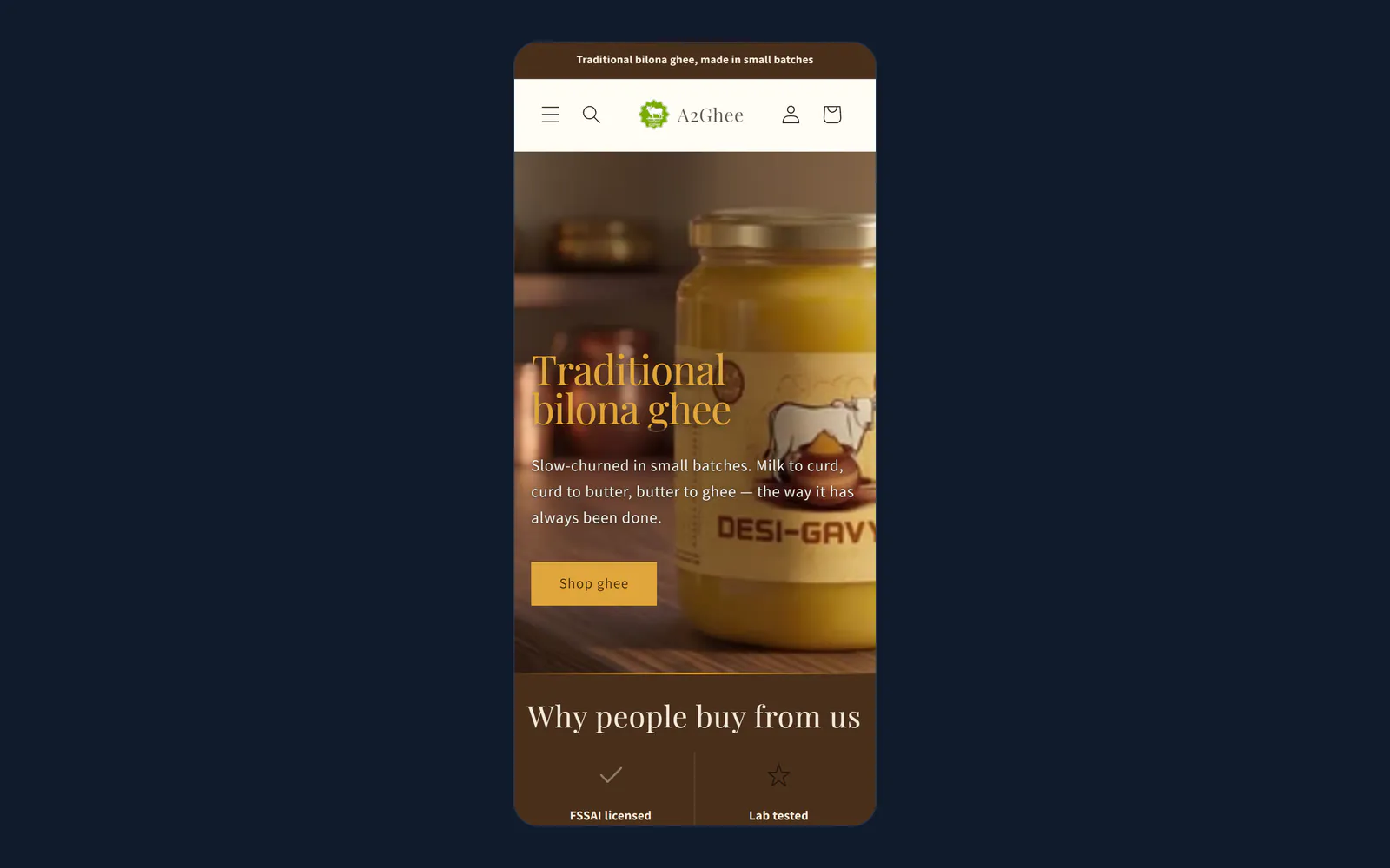 A2Ghee homepage on a phone, showing the hero and the start of the trust strip