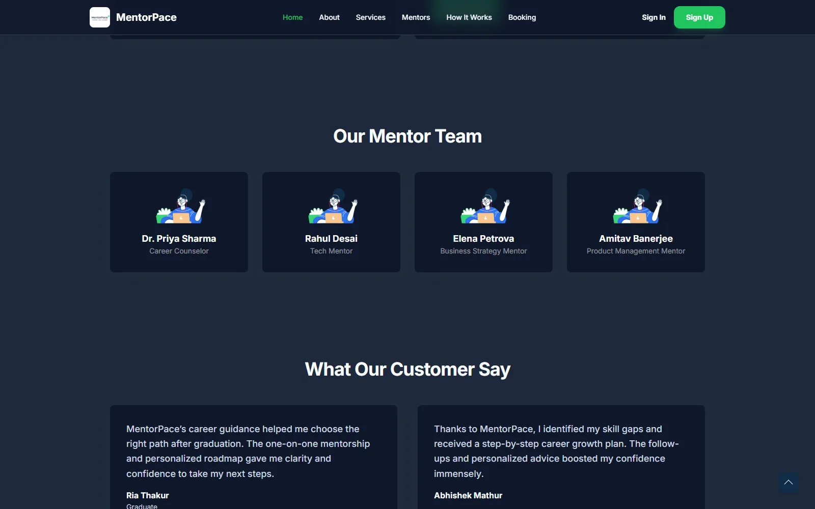 MentorPace mentor directory and testimonial sections