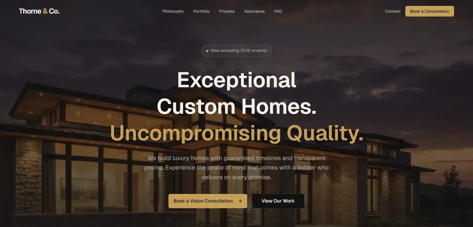 Thorne & Co. Custom Estates — A spec build showing how we'd position a luxury home builder.